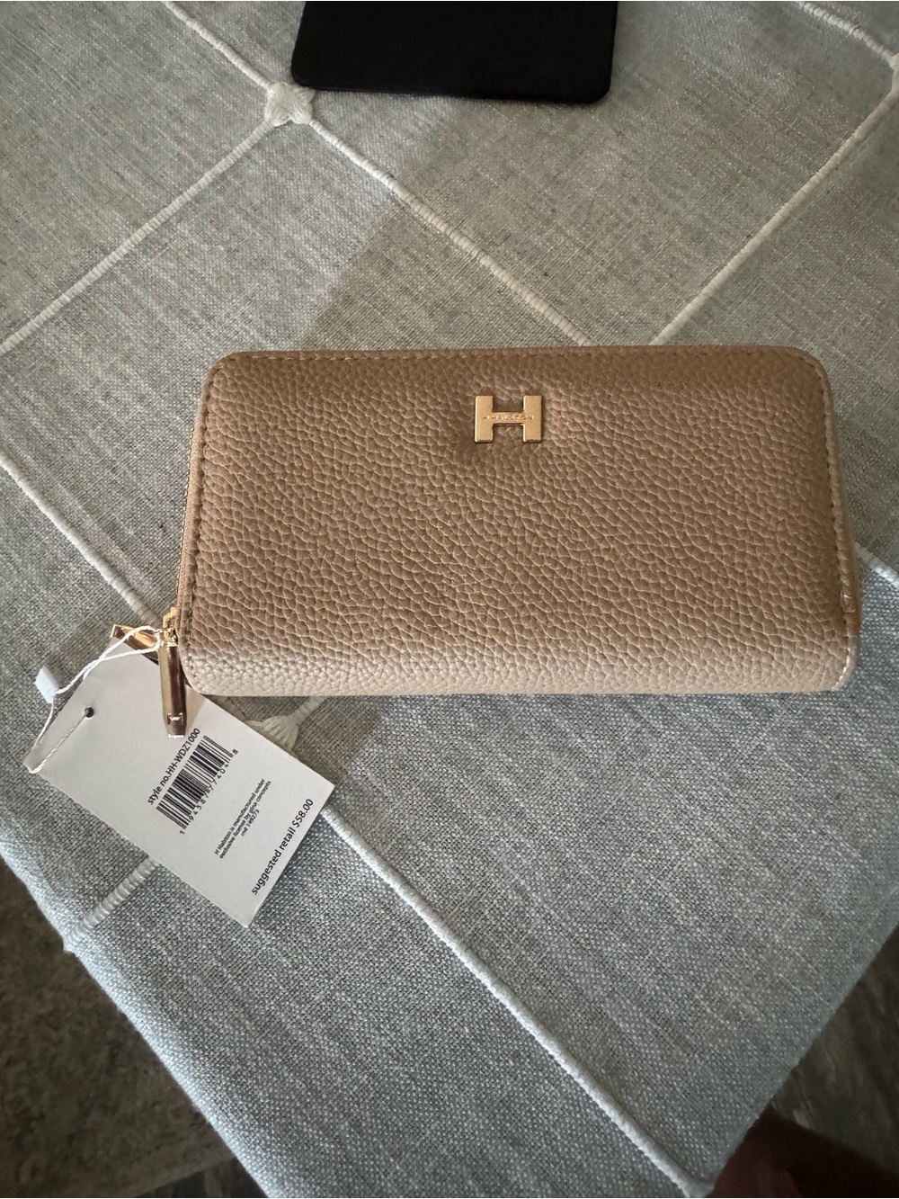 Leather Zip Wallet with Gold H Hardware - Taupe